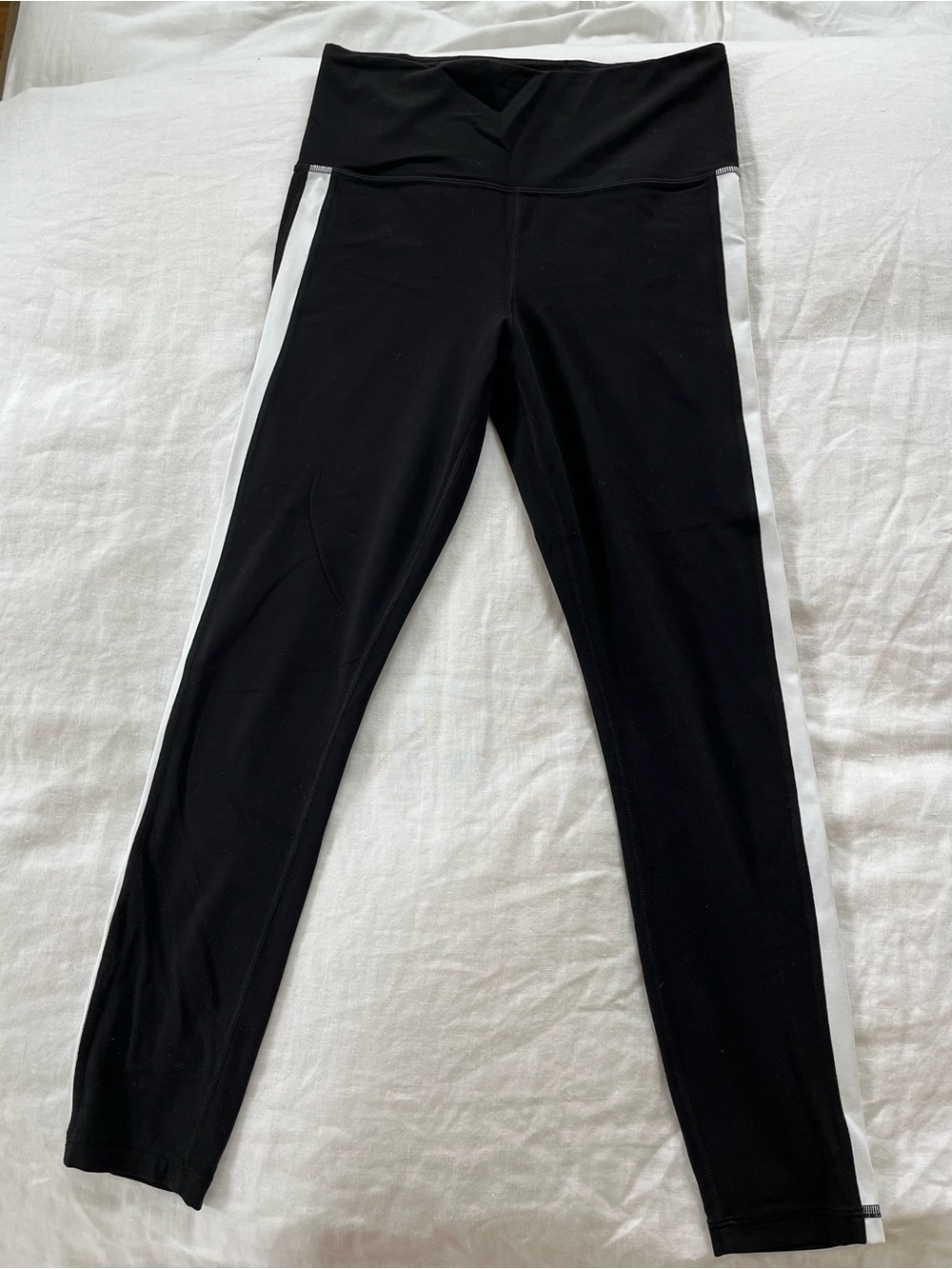 Athleta Black Leggings with White Side Stripes